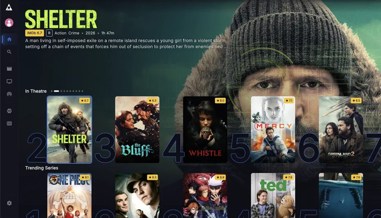 Apollo Group TV app home screen with featured movies and trending content